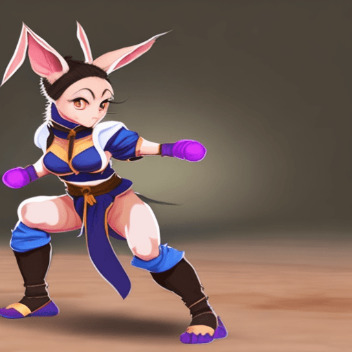 AI generated: A Rabbit Monk in a fighting stance similar to Chun-Li's from Street fighter. Her ears are tied into ...
