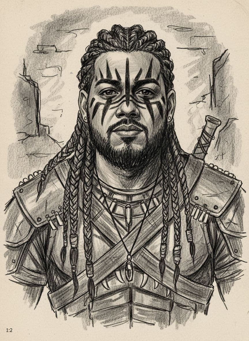 AI generated: desenho em preto e branco de uma guerreiro com cabelo trançado, usando pintura de guerra no rosto, m...