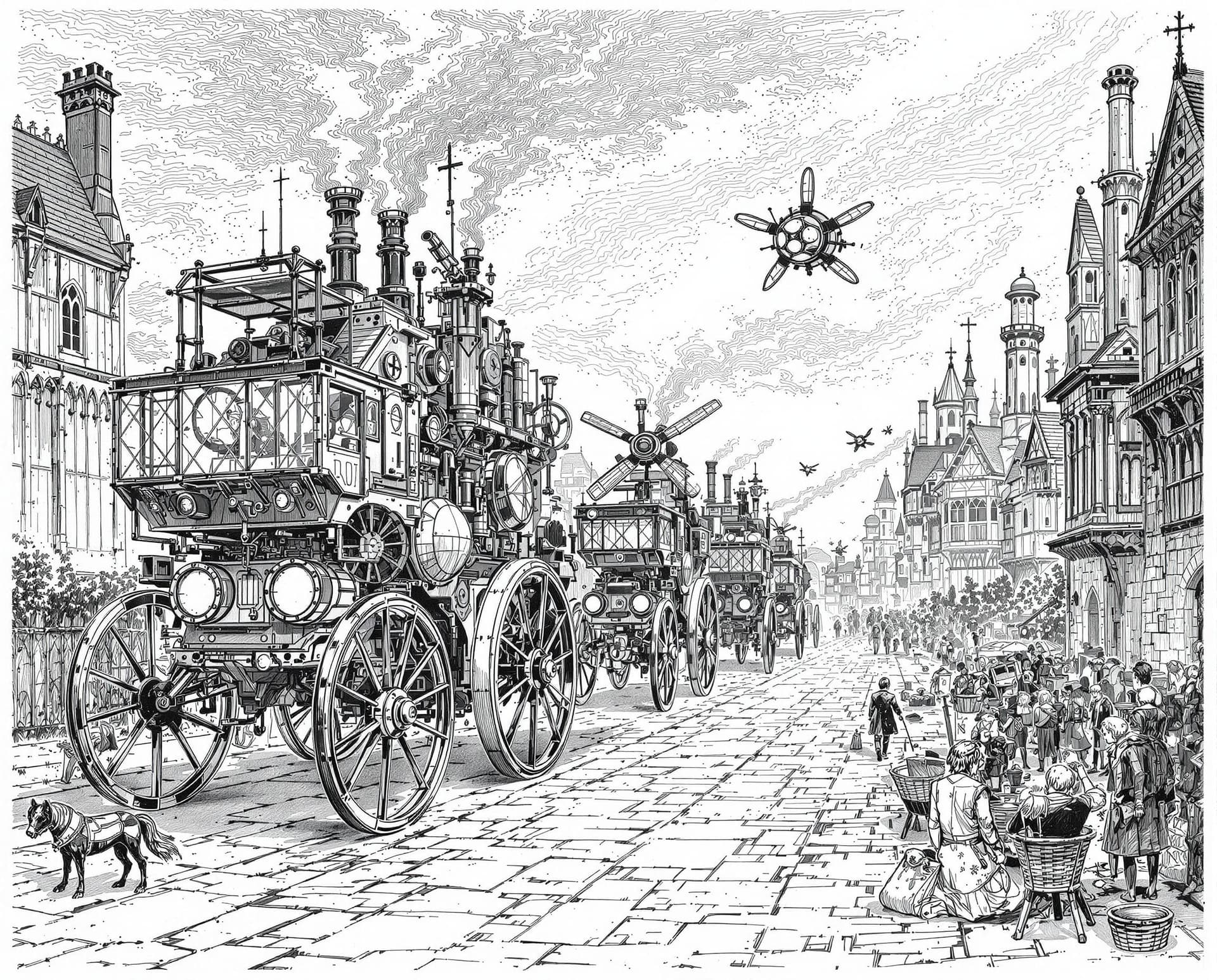 AI generated: Medieval scene, detailed pencil and ink sketch of what life may be like in the future from a 16th ce...