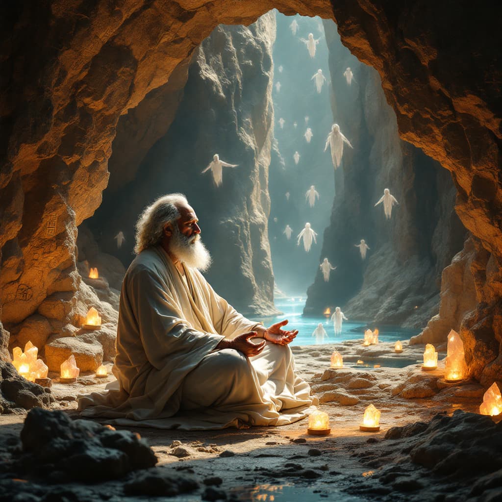 AI generated: A photorealistic image of Sigmund Freud as a wise mystic meditating in a sacred cave deep within a m...