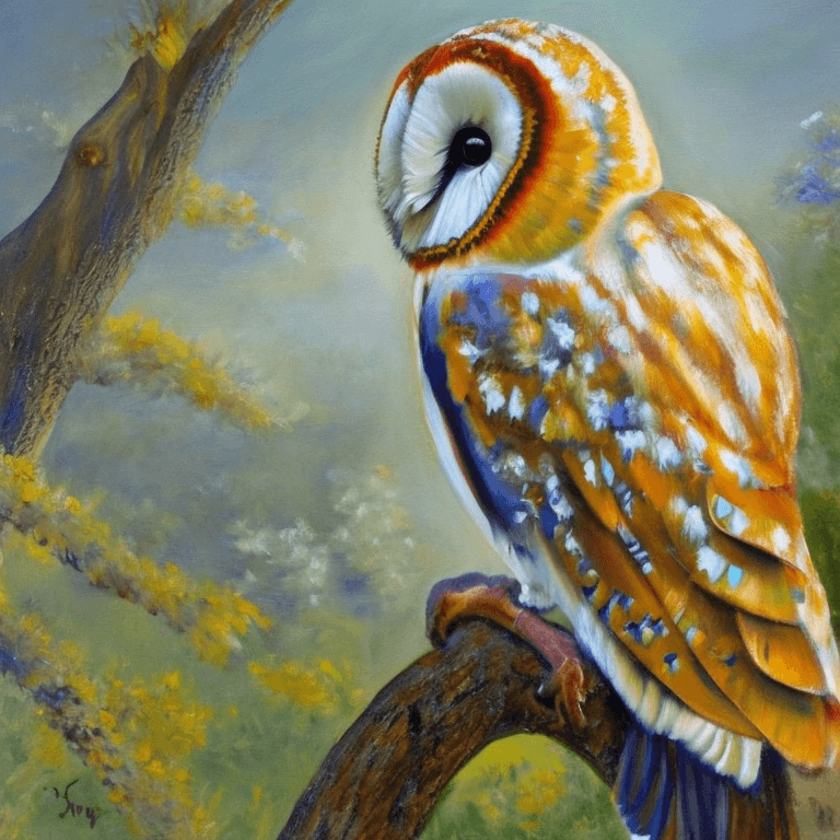 AI generated: Ralistic, ((Masterpiece, best quality)), cute perching barn owl in dream park, Picasso, oil painting...