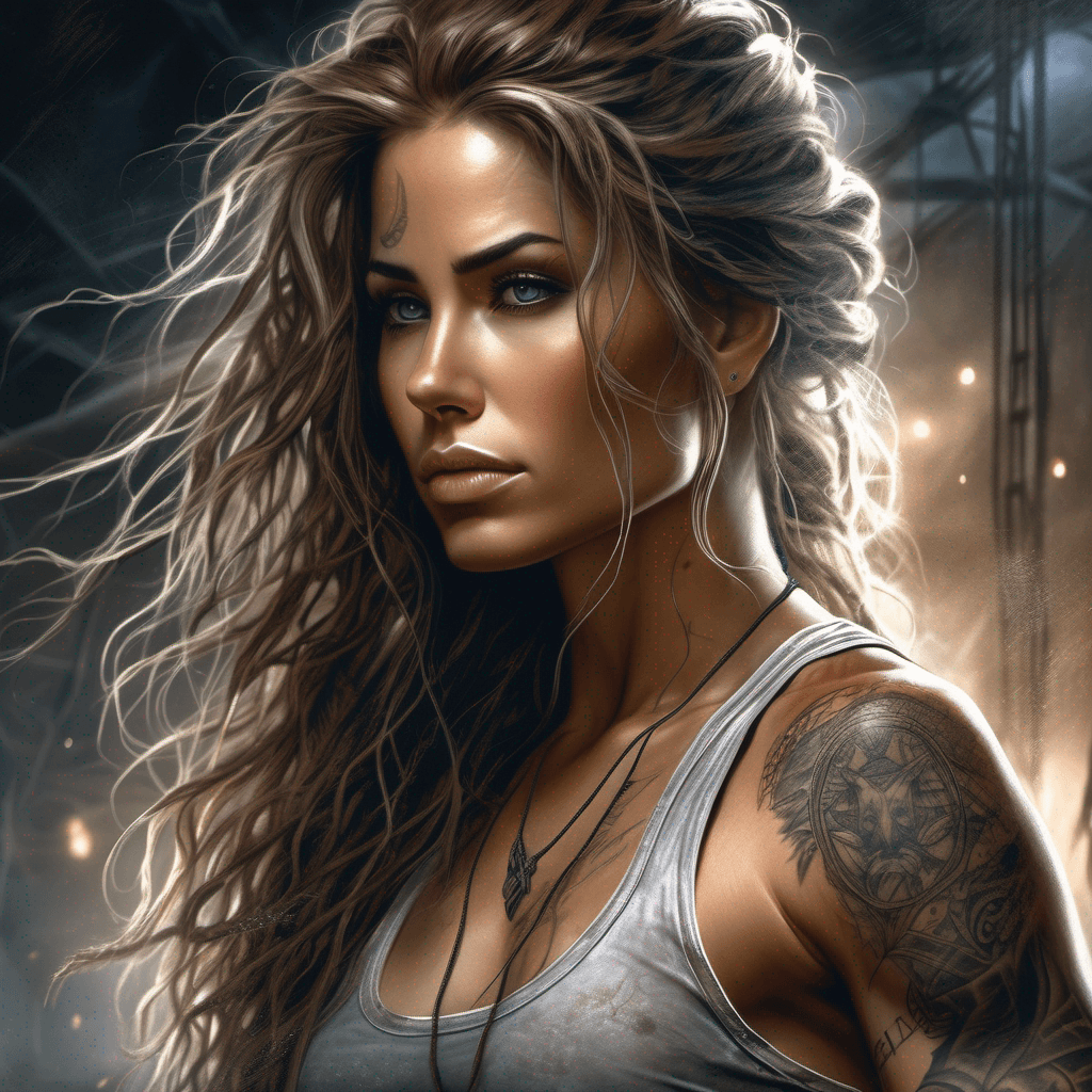 AI generated: A portrait of a female in isolation, toned athletic physique, singlet, long messy hair, tattoos, art...