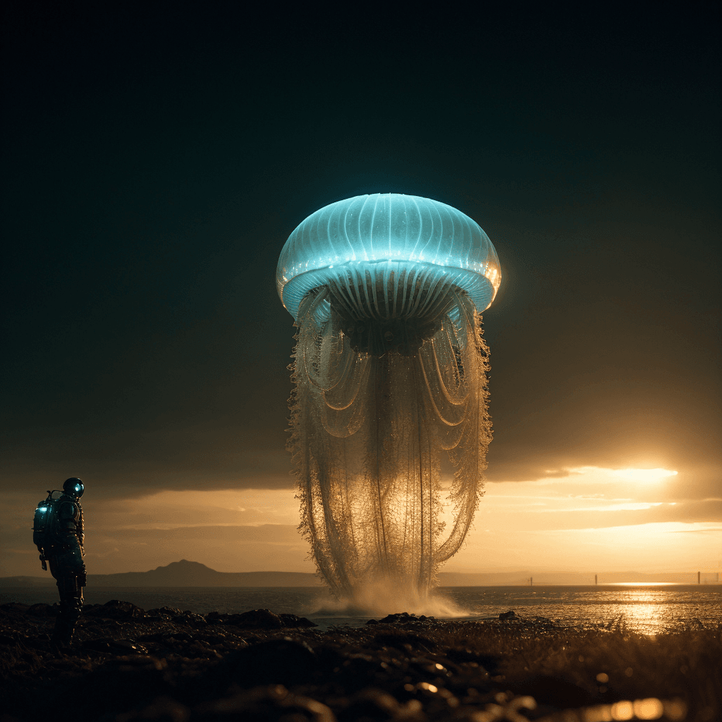 AI generated: cinematic film still biocyberpunk by Simon Stålenhag a giant floating jellyfish hardsurface robotic ...