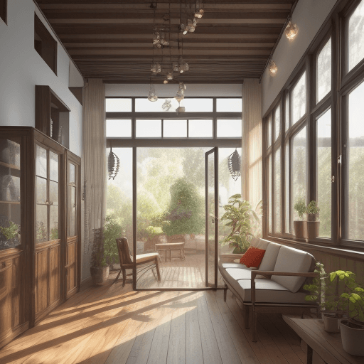AI generated: High resolution photography interior design, wooden floor, small windows opening onto the garden, ba...