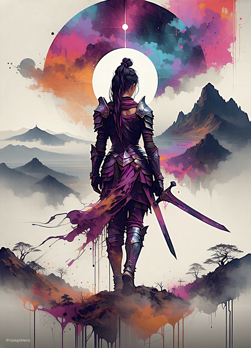 AI generated: poster of warrior princess| standing on hill |centered| key visual| intricate| highly detailed| brea...