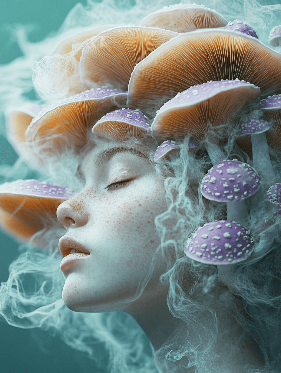 AI generated: urreal portrait of a person with closed eyes, vibrant purple mushrooms growing organically from thei...