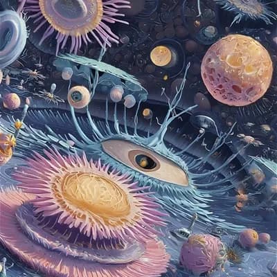 AI generated video: everything in the picture is vibrant and moving as if alive, the camera is panning slowly
