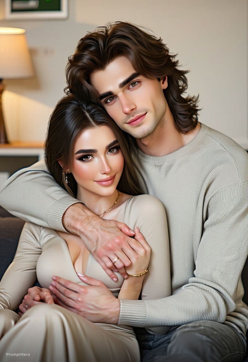 AI generated: A young couple, deeply in love, in a cozy and private setting, sitting on a comfortable sofa.
The ma...