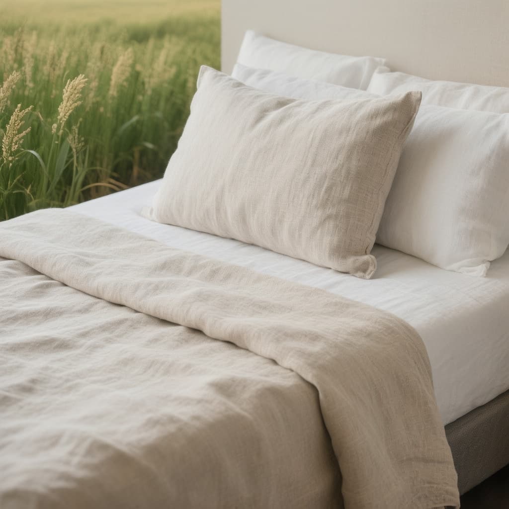 AI generated: Take a photo that clearly shows pure linen on a bed. Linen made of 100% cotton, undyed and unbleache...