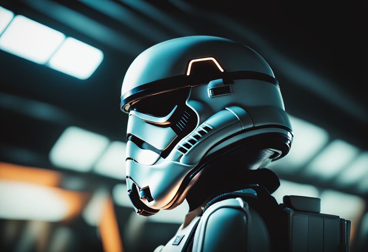 AI generated: Flat illustration, 8k, 16k, 3d, close up, a cute girl , an iconic Stormtrooper from Star wars movie,...