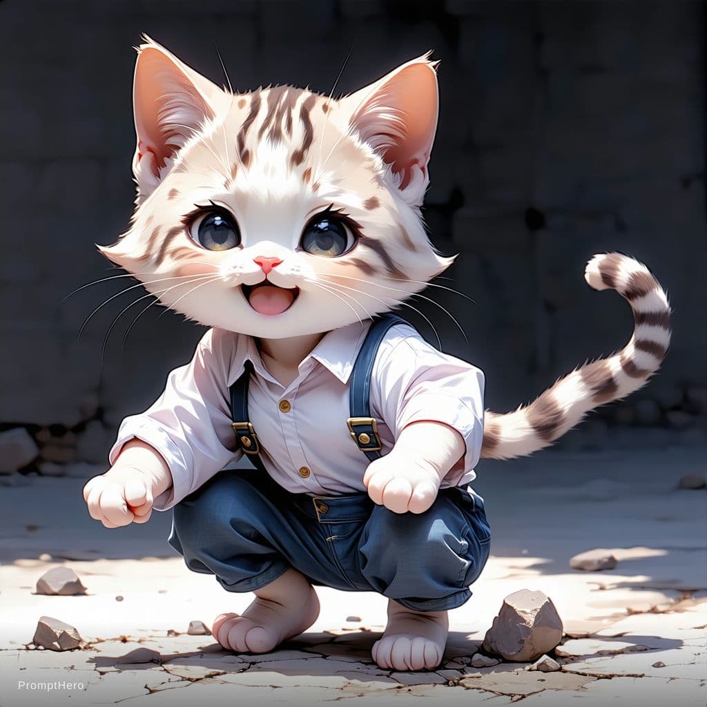 AI generated: A cat girl squatting with her clothes on she is running around happily
