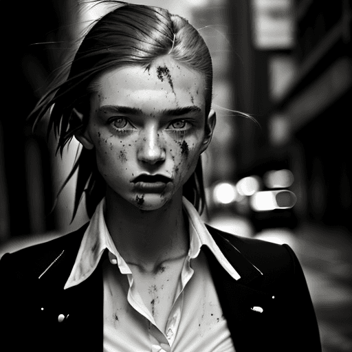 AI generated: a black and white photo of a woman, dress shirt, somewhat androgenic, one model, rugged, sydney, tak...
