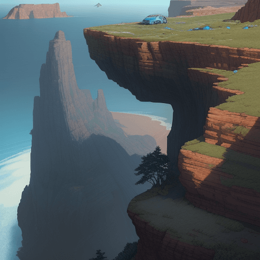 AI generated: A Blue Station Wagon Plunges Off Cliff, Peel, Octane Render, Unreal Engine 5, Hyperdetailed, By Moeb...