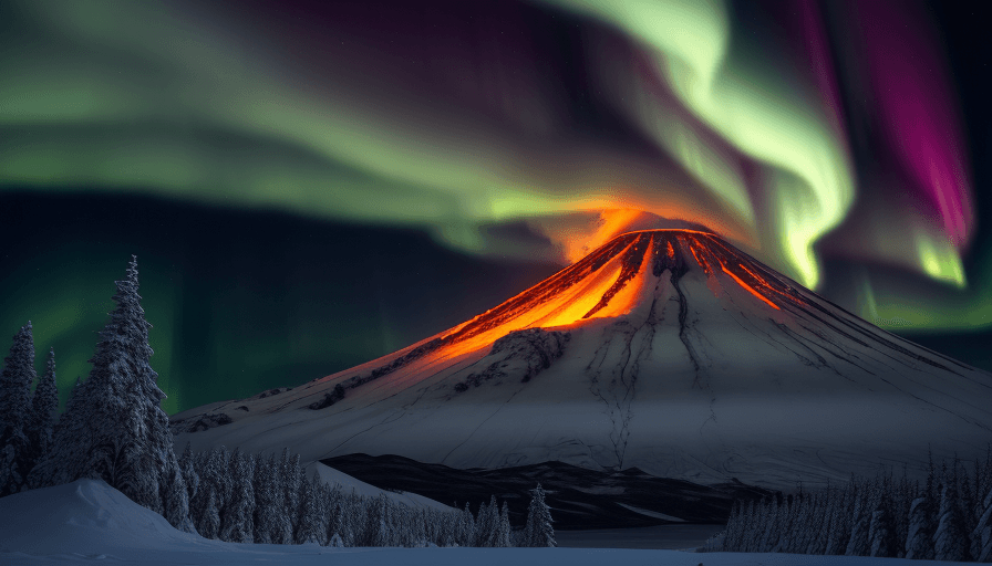 AI generated: Hyper realistic photo of volcano erupting, in snowy northern landscape, aurora borealis, wide image,...