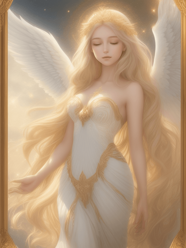 AI generated: In a celestial and ethereal setting, an angel of sublime beauty gracefully floats in the air, her ra...