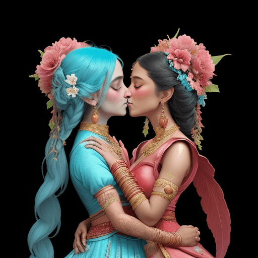 AI generated: a couple hugging and kissing with pink flowers, in the style of indian weading, gold and azure, zbru...