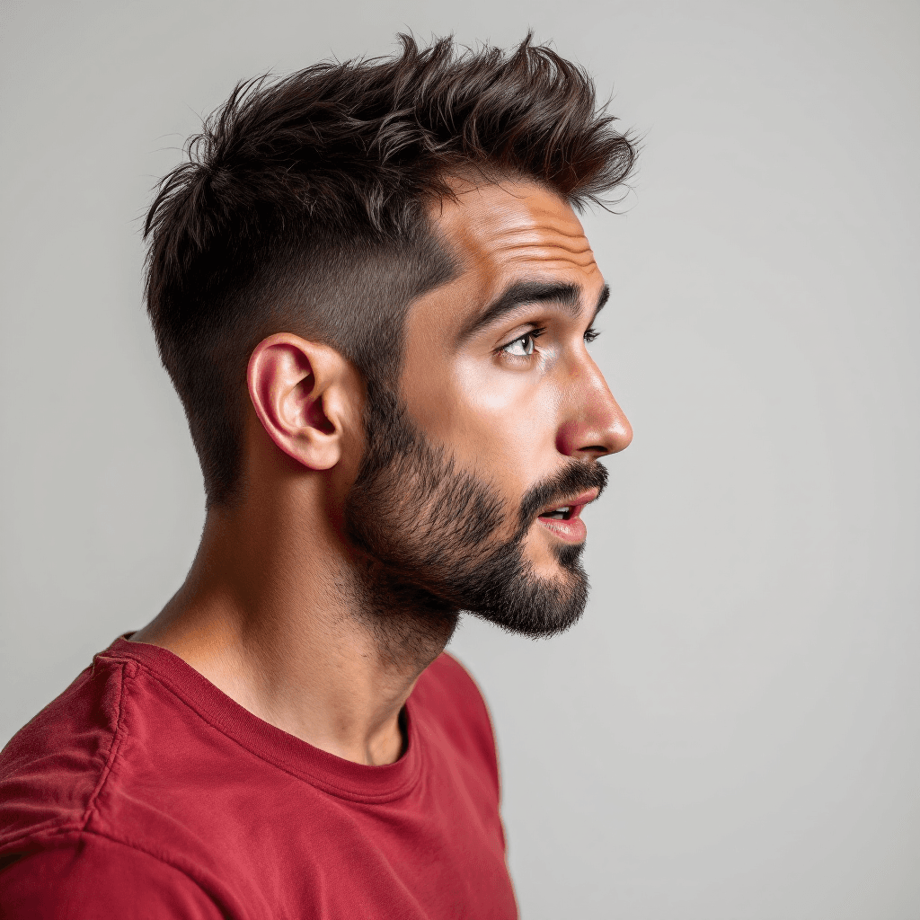 AI generated: hyper-realistic photo of a caucasian man, short burst-taper dark hair, beard, wearing straight-cut b...