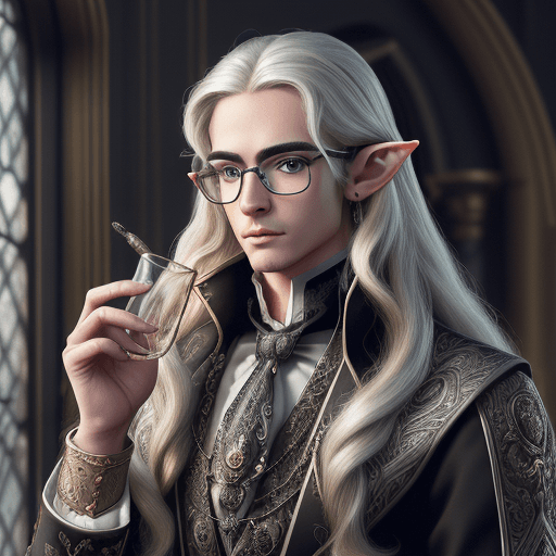 AI generated: A pompous male elf archivist with thin glasses  and with long blond hair wearing ornate clothes of s...