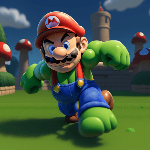 AI generated: Super-Mario running but hulk, Mushroom Kingdom background, 32k, closeup, trending on poltcount 3D, g...