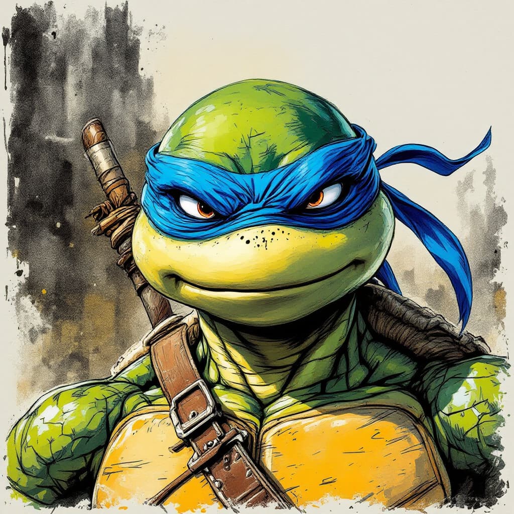 AI generated: a masterpiece drawing of a teenage ninja turtle, perfect design, masterful coloring, great shading, ...