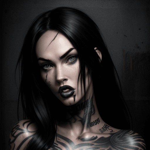 AI generated: Portrait of a Megan Fox, tongue out, expressive eyes, tattoos, attitude, sultry, pictorialism, dysto...