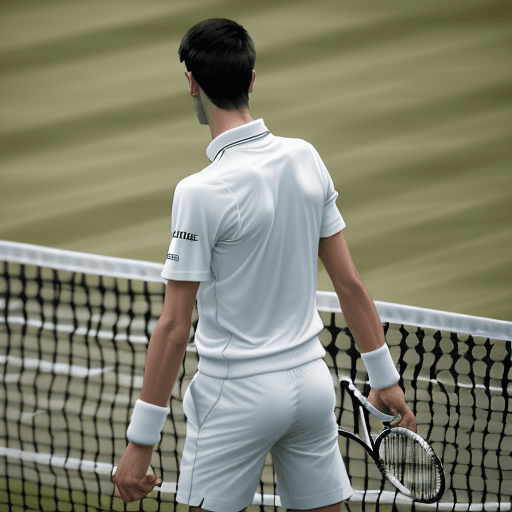 AI generated: Tennis player Novak Djokovic stands on the Center Court at Wimbledon, dressed in a white tennis outf...