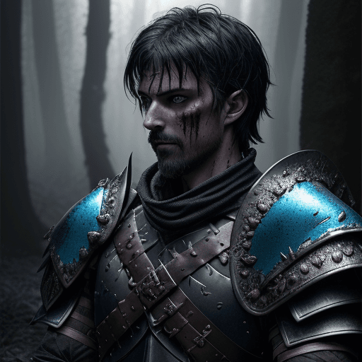 AI generated: award winning waist up photo of a handsome fantasy warrior, wearing torn black leather armor, dirty ...