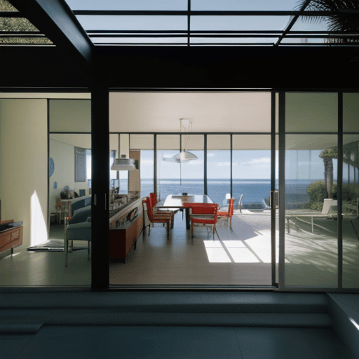 AI generated: Hyper realistic eye level exterior photo of a mid century modern style house overlooking the ocean, ...