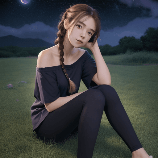 AI generated: An anime girl watching the stars, star-gazing, counting stars, sitting in grass, (night sky with sta...