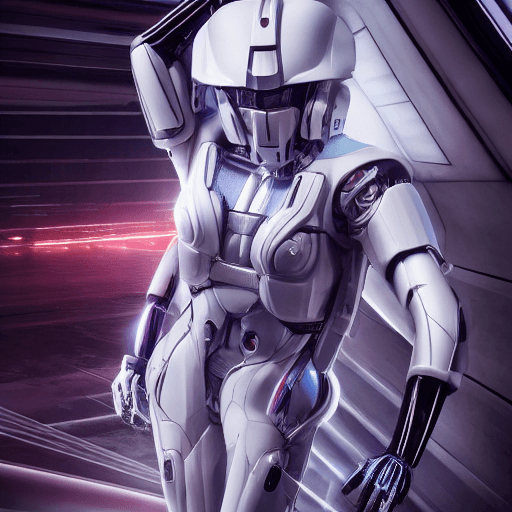AI generated: hyperrealistic photo, commercial photography, fullbody armed fine female figure in a white sci-fi su...