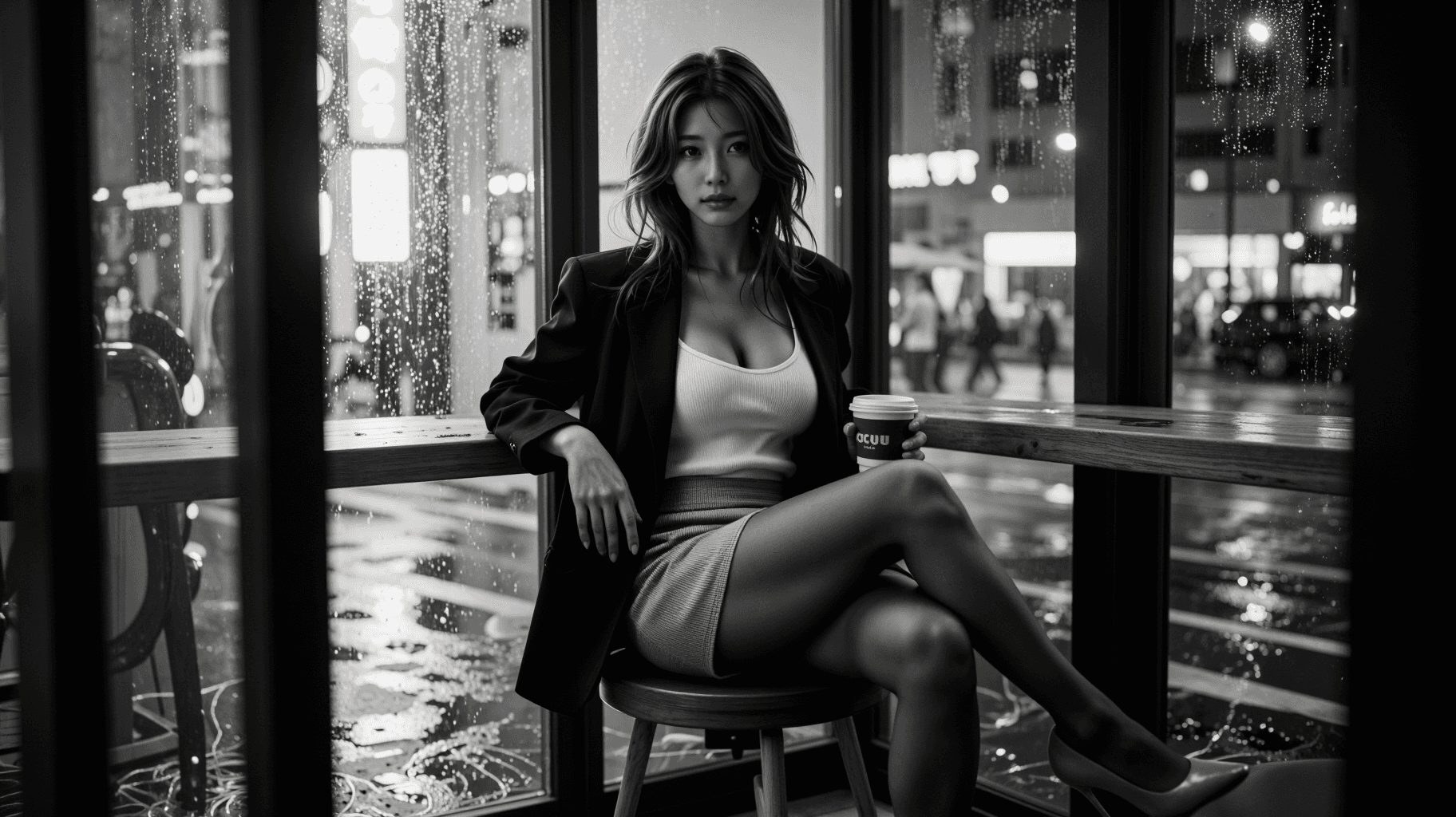 AI generated: A highly-detailed, photorealistic, black and white street photography portrait of a beautiful young ...