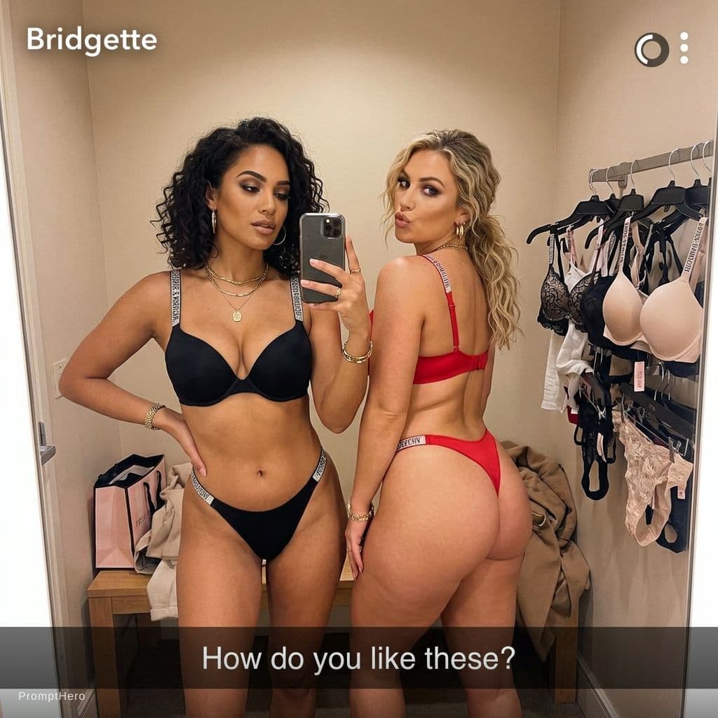 AI generated: Two gorgeous 30 year old women take a mirror selfie in a dressing room. The dressing room rack has m...