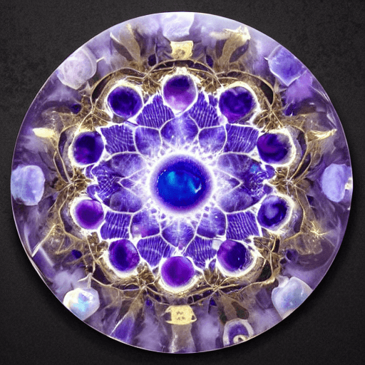 AI generated: amethyst gemstone, translucent shell, inner bioluminescence, Dark-blue light-blue black golden white...