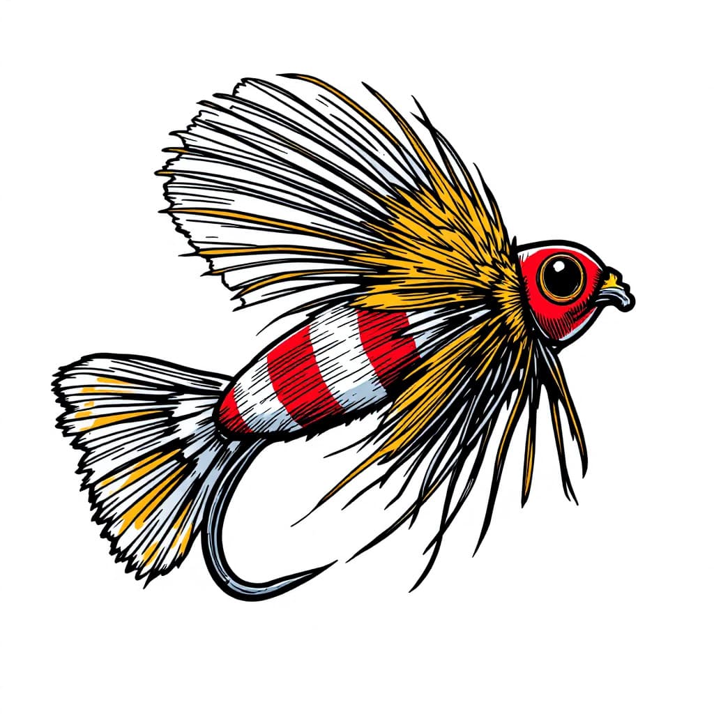 AI generated: Royal Wulff dry fly in bold comic sticker style:

Bullet-shaped body with thick red & white stripes
...