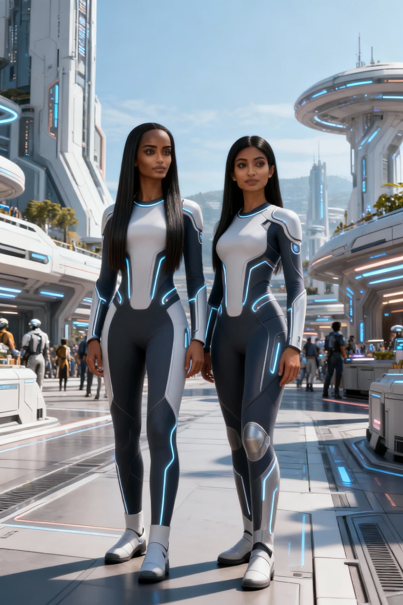 AI generated: Create a single image with Aida, image 1, and Devi of image 2. Change background, create futuristic ...