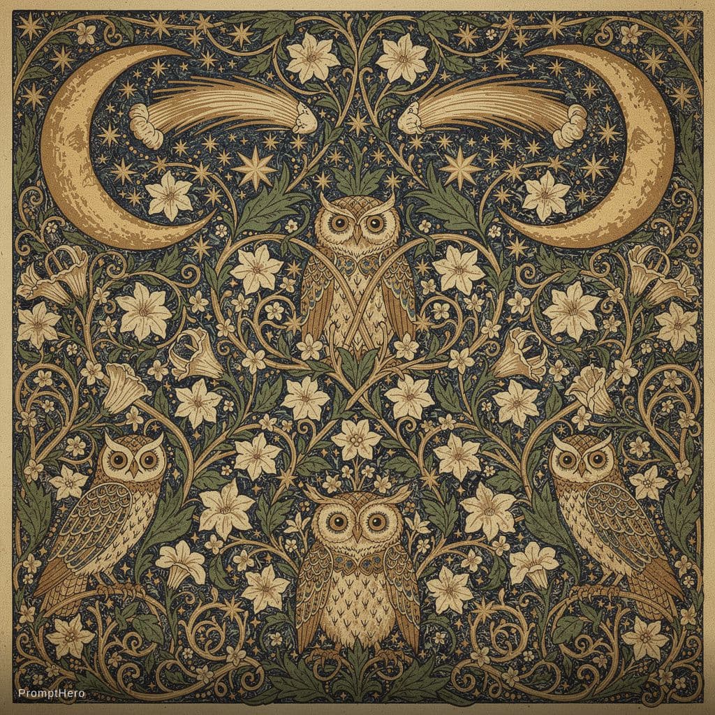 AI generated: A highly intricate William Morris pattern design featuring a celestial nightscape, stylized golden c...