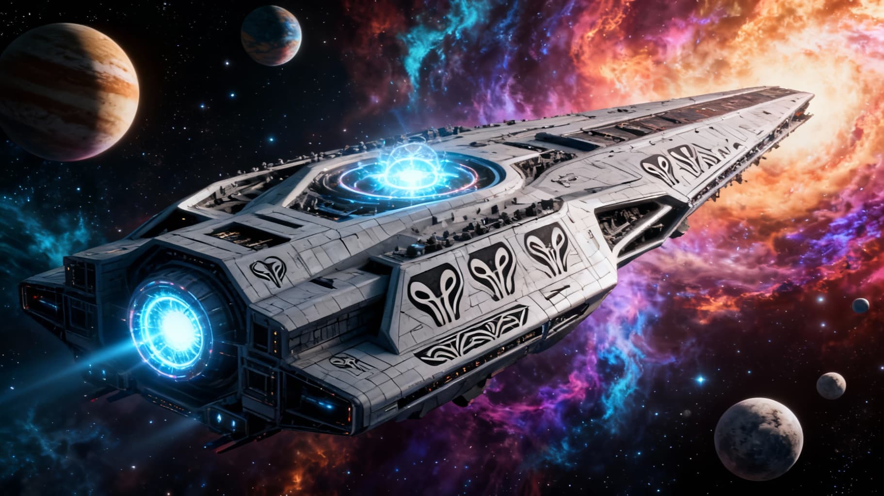 AI generated: Imagine, in detail, an alien spaceship to show a new design. An alien Mega Supercarrier. Show it in ...