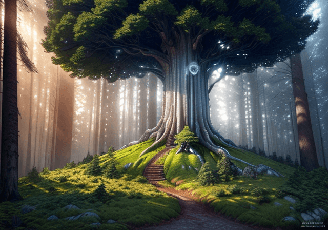 AI generated: giant tree on a hill emitting silver light from leaves, ultra hd, forest background,  realistic, viv...