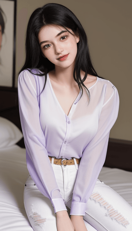 AI generated: A pretty 19 year old sitting on a hotel bed. She is wearing white jeans and a cute, purple blouse. S...