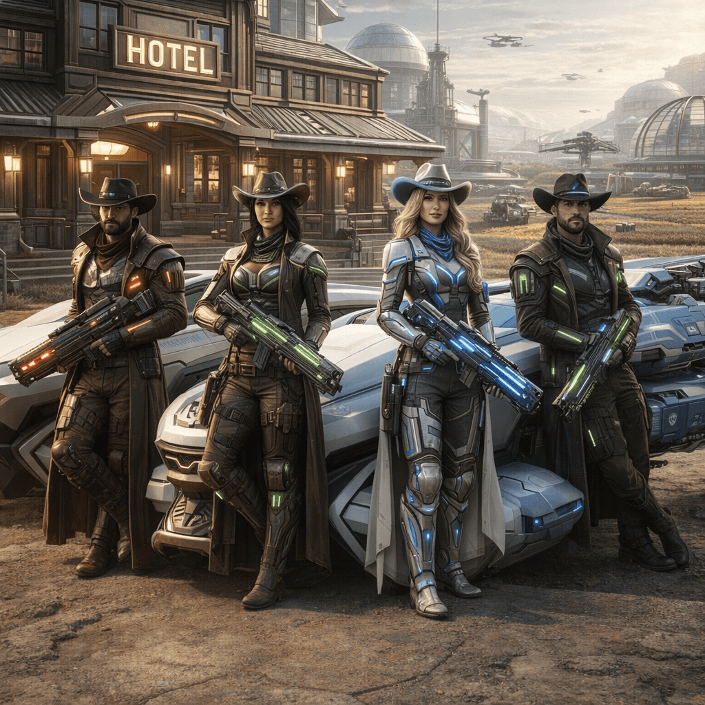 AI generated: Create an image of four futuristic, but different-looking, Human Cowboys and Cowgirls, posing comfor...