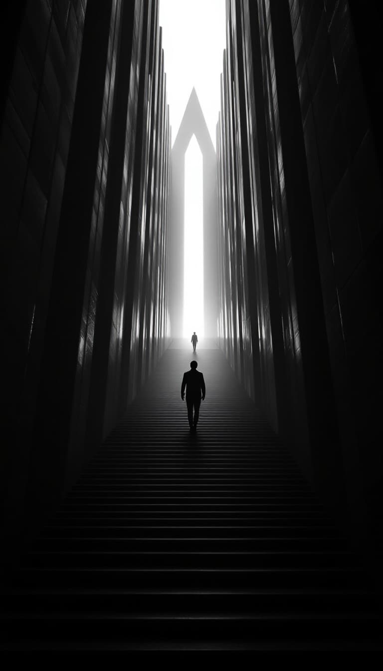 AI generated: A solitary figure dressed in black walks up a grand, futuristic staircase, enclosed by towering, dar...