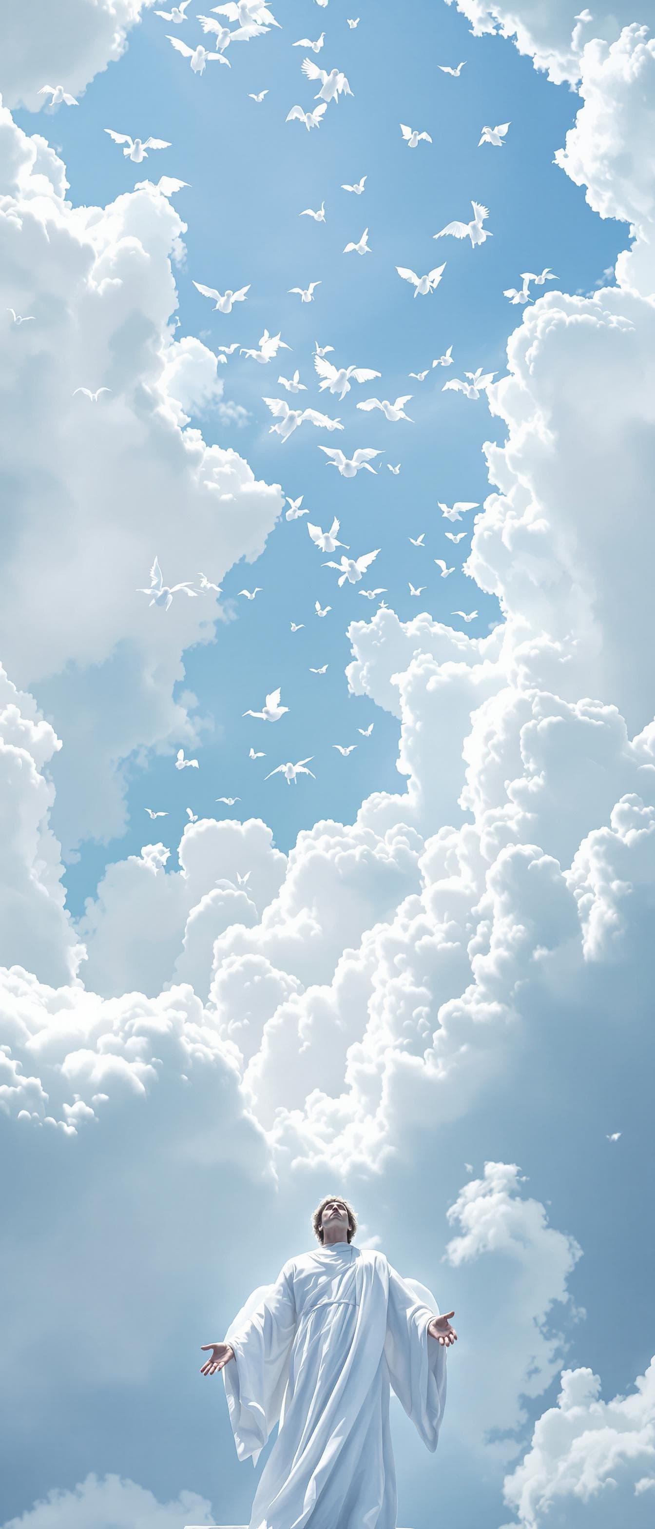 AI generated: heaven, brilliant white clouds against a light blue sky with tiny angels flying around in the distan...
