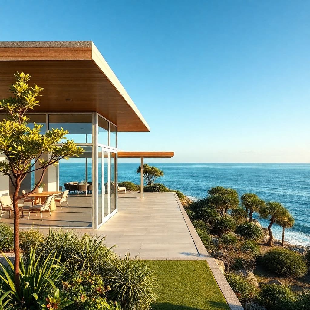 AI generated: Hyper realistic eye level exterior photo of a mid century modern style house overlooking the ocean, ...