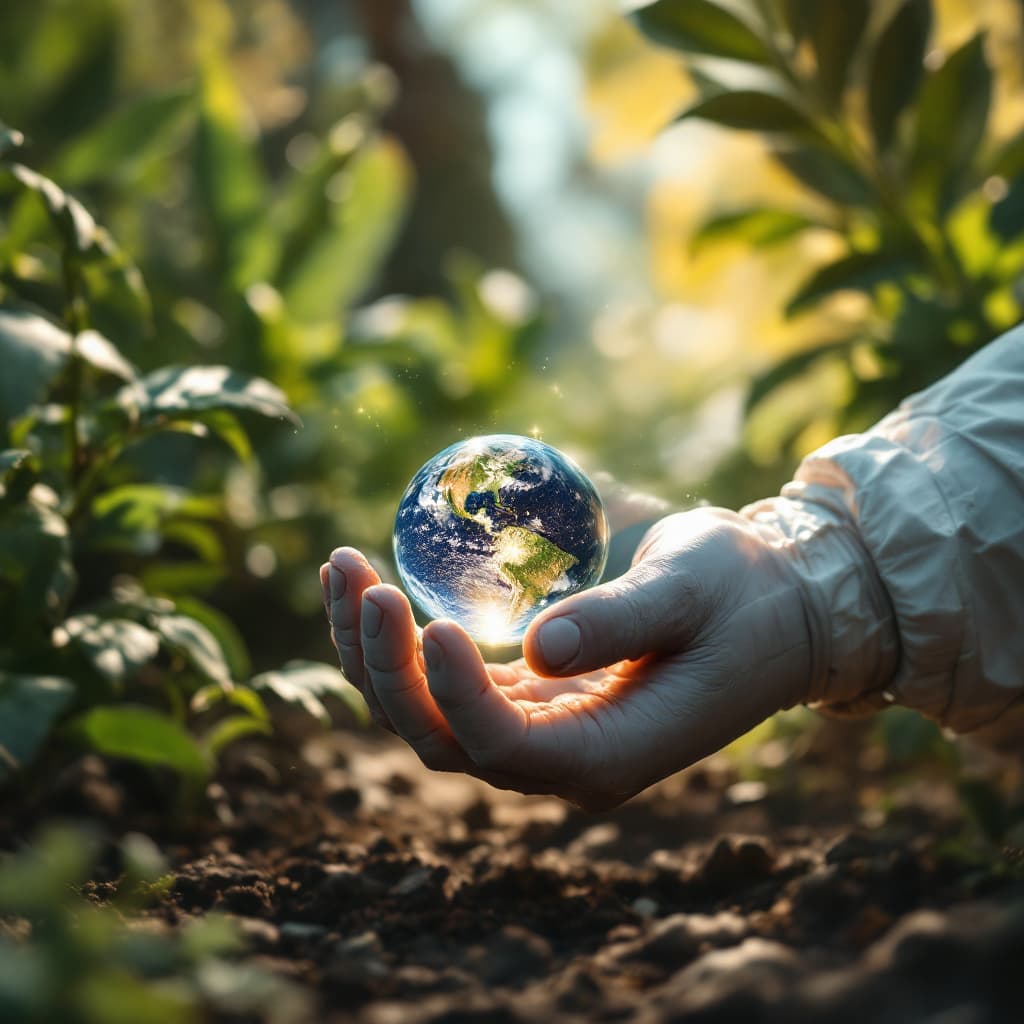 AI generated: A close-up shot of an astronaut's hand on a planet against a background of plants. The hand reflects...