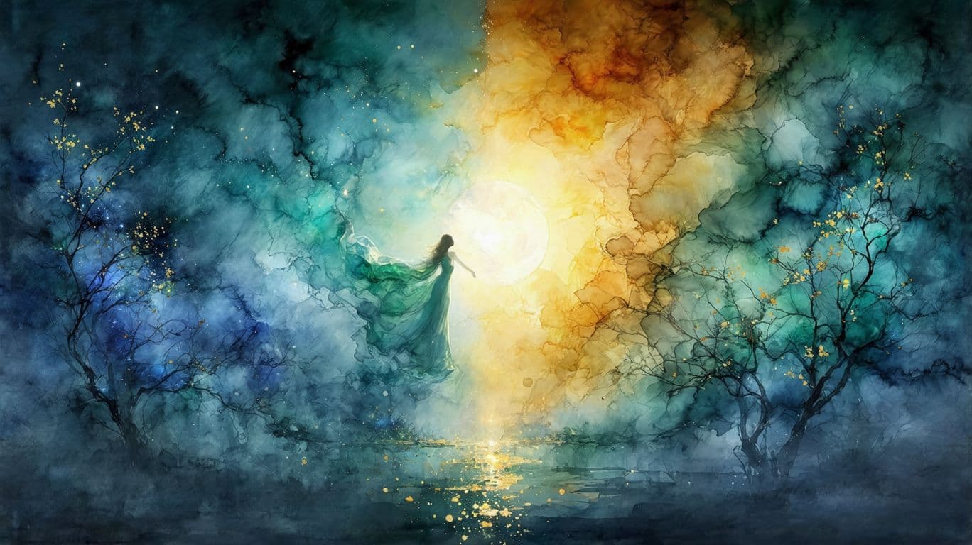 AI generated: Pintura artistica de "Uma cena poética dividida em duas metades contrastantes: à esquerda, um céu do...