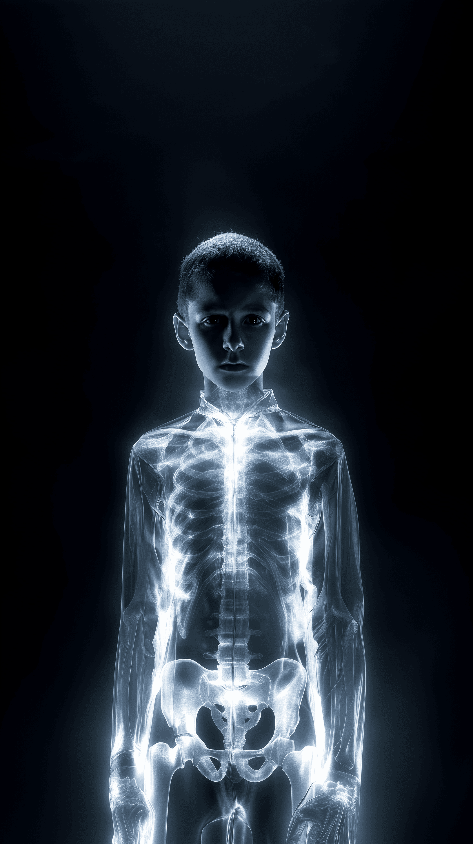 AI generated: photography, x-ray, front central portrait, boy, gaze, upper-body, transparent skin revealing his sk...