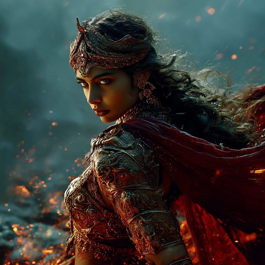 AI generated: Portrait of an exceptionally beautiful Indian warrior queen, her regal face glowing with strength an...