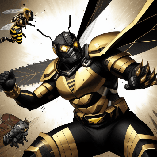 AI generated: illustration of a The battle between a bee-inspired superarmor features an aerodynamic and futuristi...