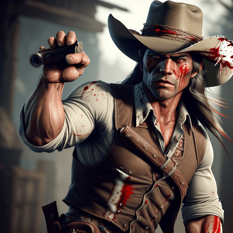 AI generated: western style red-dead redemtion  gunslinger, muscular, aggressive pose portrait, native american, b...