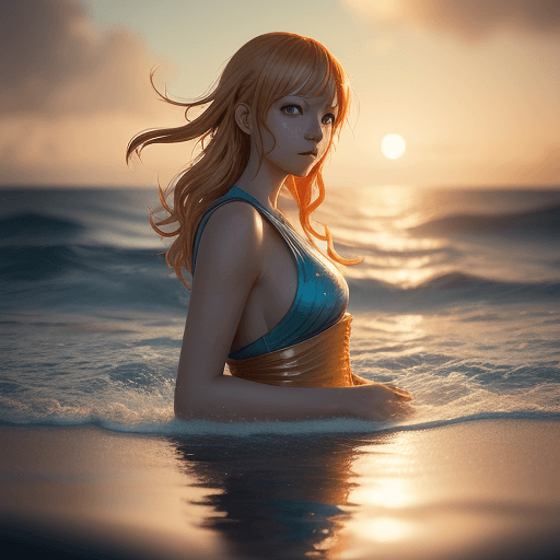 AI generated:  Nami One Piece, background sea map, dreamy mood, reflection bokeh, lighting on face, 8k, golden hou...